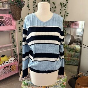 Relativity Blue Cable Knit Sweater Striped Cotton V Neck Preppy Coastal Size M